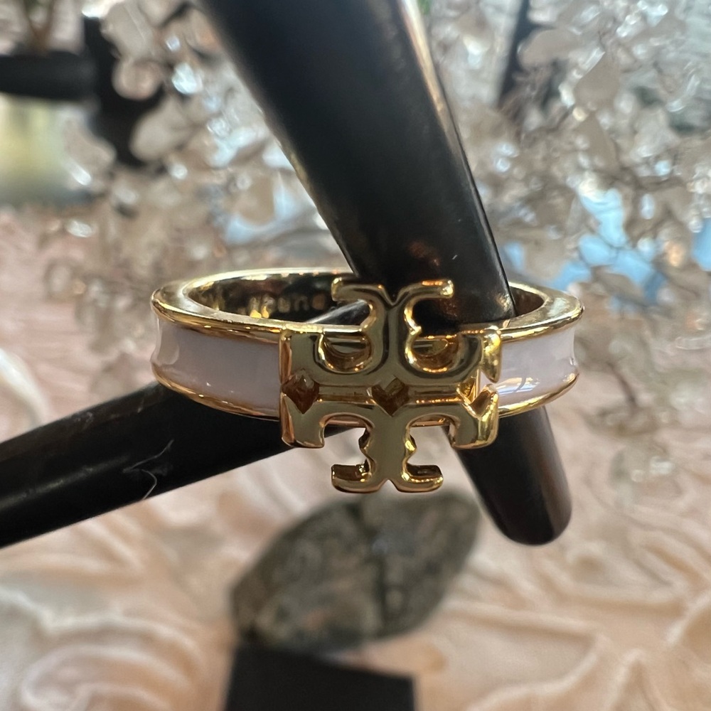 Tory Burch White Enamel Logo Ring Size 8